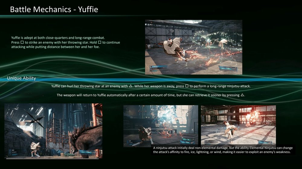Lo stile di combattimento di Yuffie sarà in gran parte basato sul corretto uso del suo shuriken Lo stile di combattimento di Yuffie sarà in gran parte basato sul corretto uso del suo shuriken